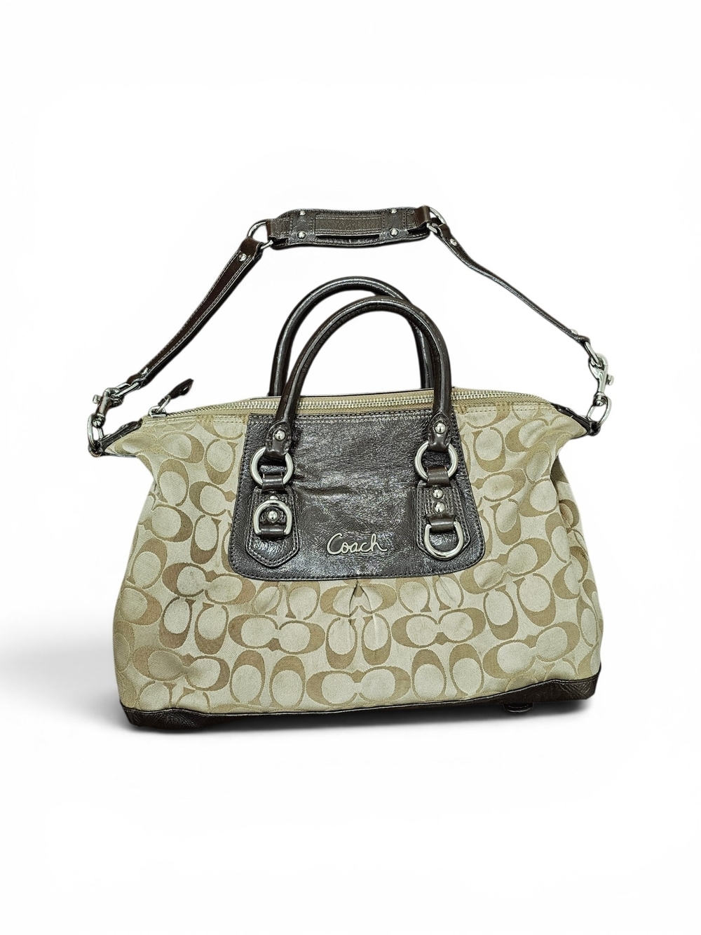 Vintage Y2k Coach Khaki Signature Canvas Satchel with Dark Brown Trim